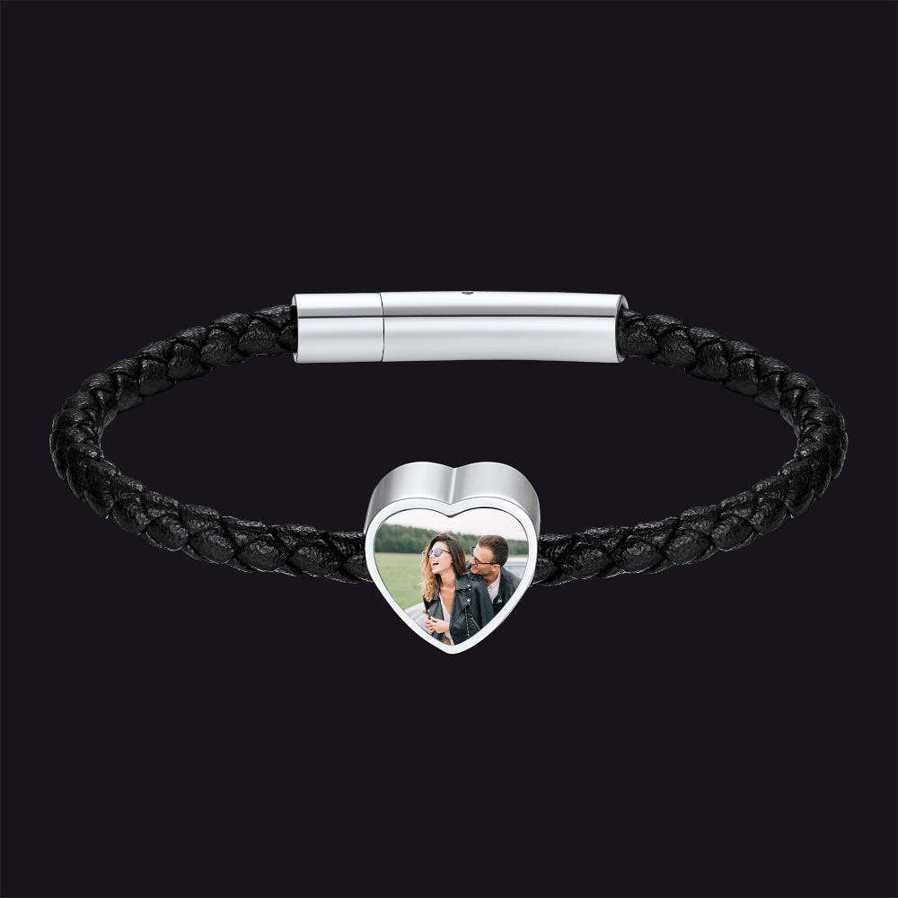 Heart Shaped Black Braid PU Leather Bracelets Customized Picture