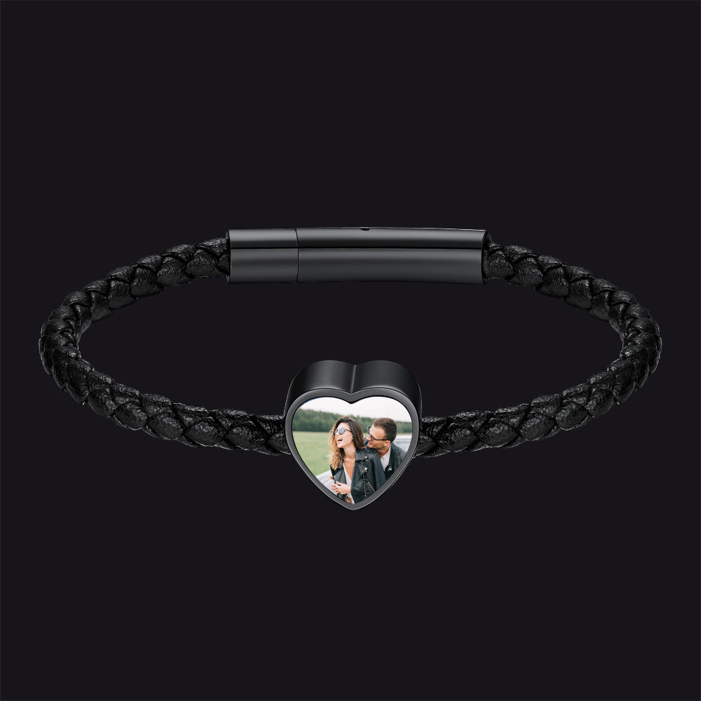 Heart Shaped Black Braid PU Leather Bracelets Customized Picture