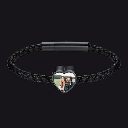 Heart Shaped Black Braid PU Leather Bracelets Customized Picture