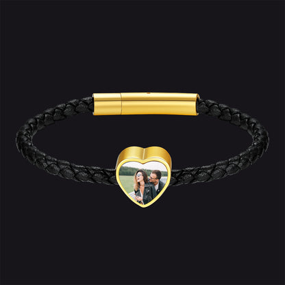 Heart Shaped Black Braid PU Leather Bracelets Customized Picture