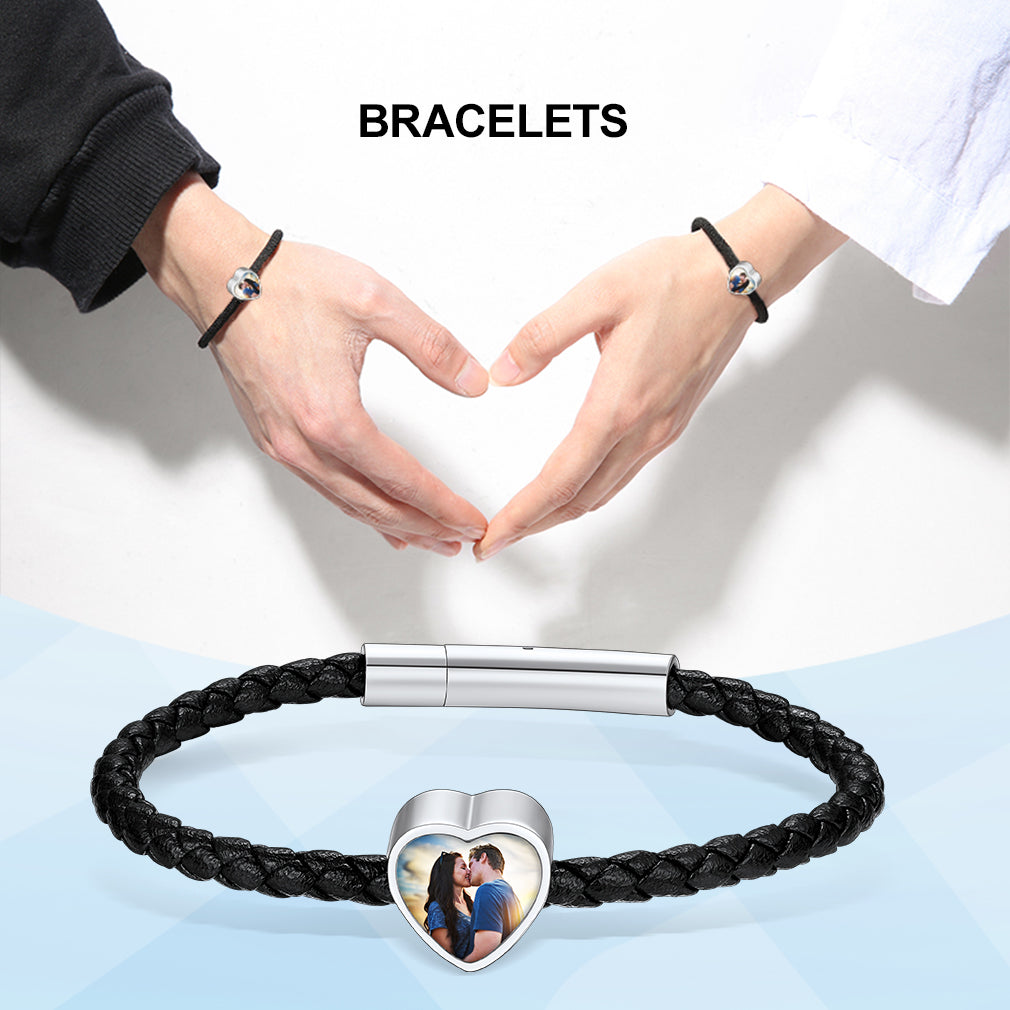 Customized Heart Black Braided PU Leather Bracelet with Picture Memorial Gift