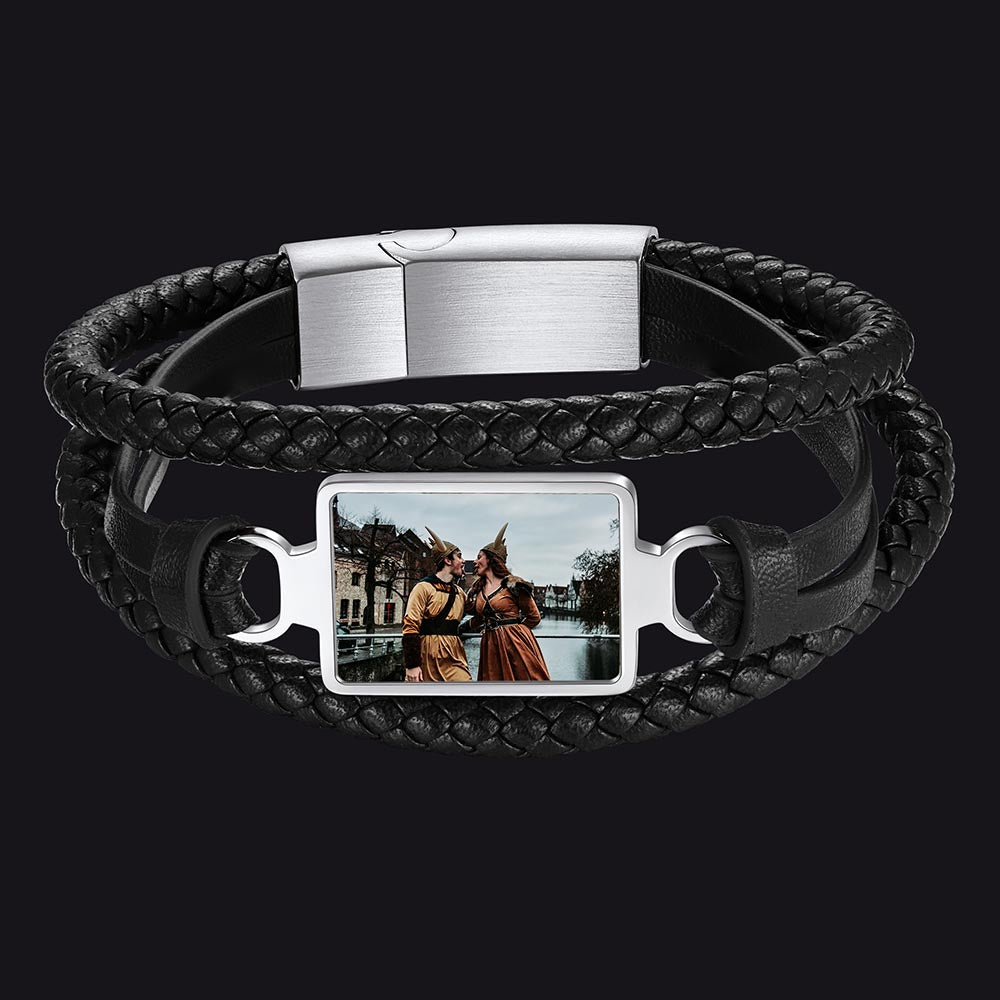 Personalized Picture Black Leather Bracelet for Men FaithHeart
