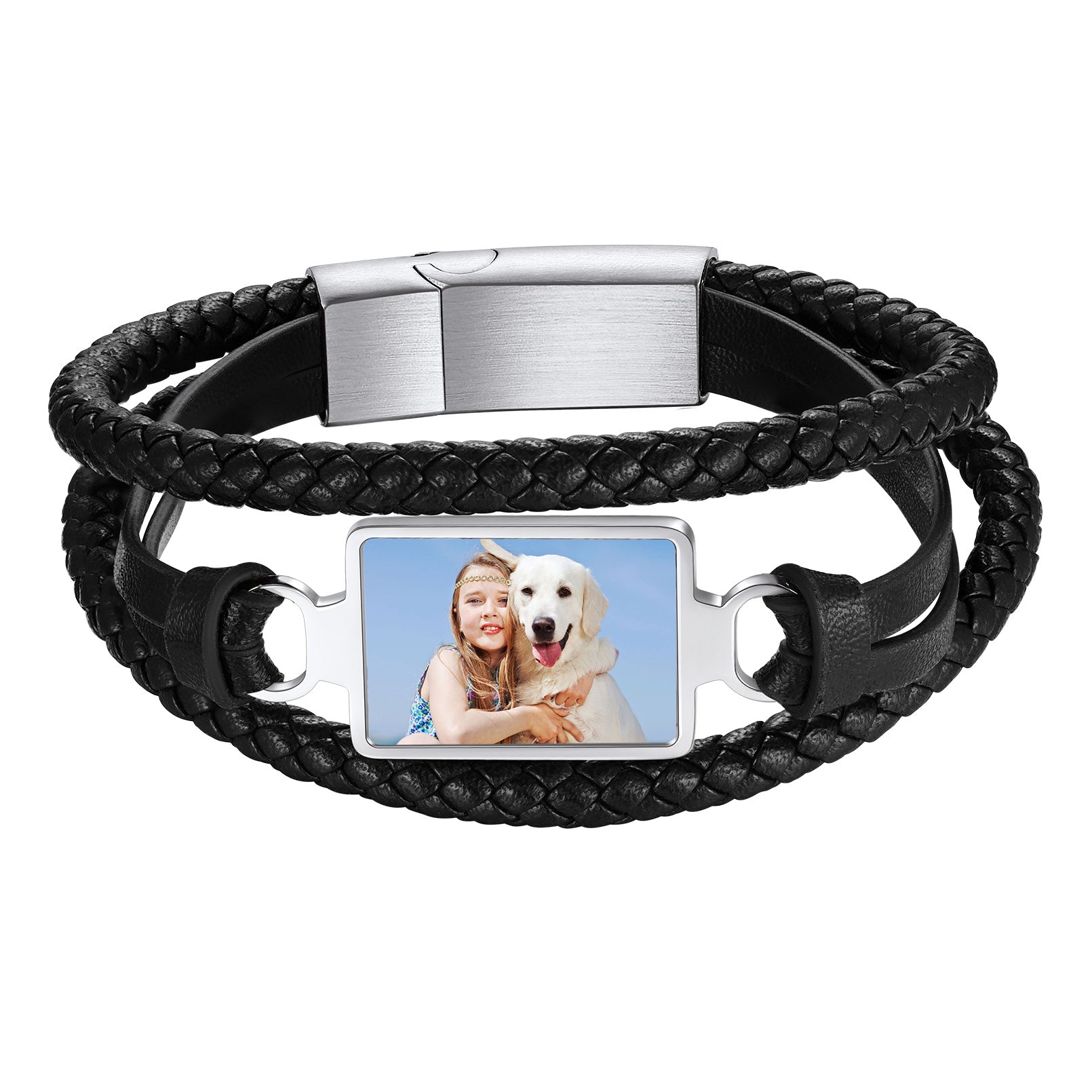Personalized Picture Black Leather Bracelet for Men FH Jewelry