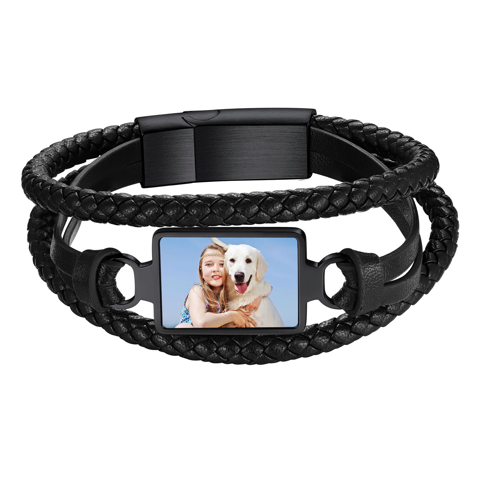 Personalized Picture Black Leather Bracelet for Men FH Jewelry