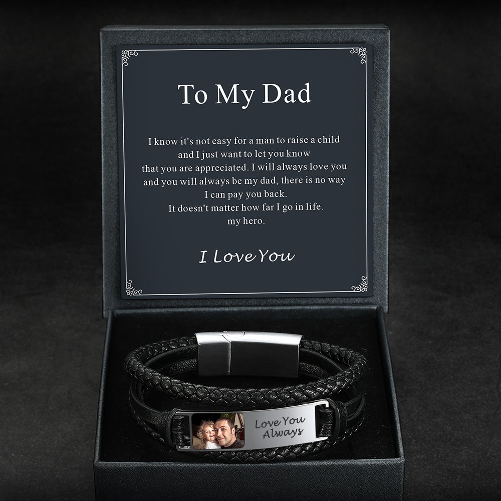 Custom leather bracelet for dad or son with engraved picture