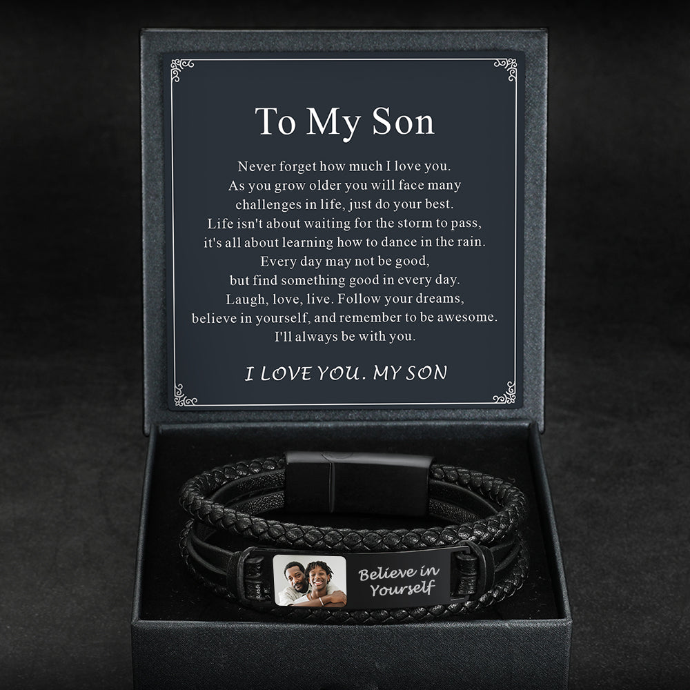 Personalized leather bracelet with photo engraving for son