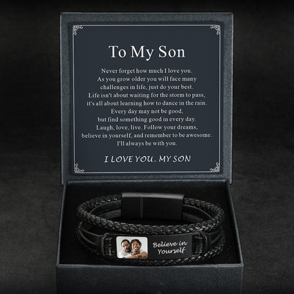 Personalized leather bracelet with photo engraving for son