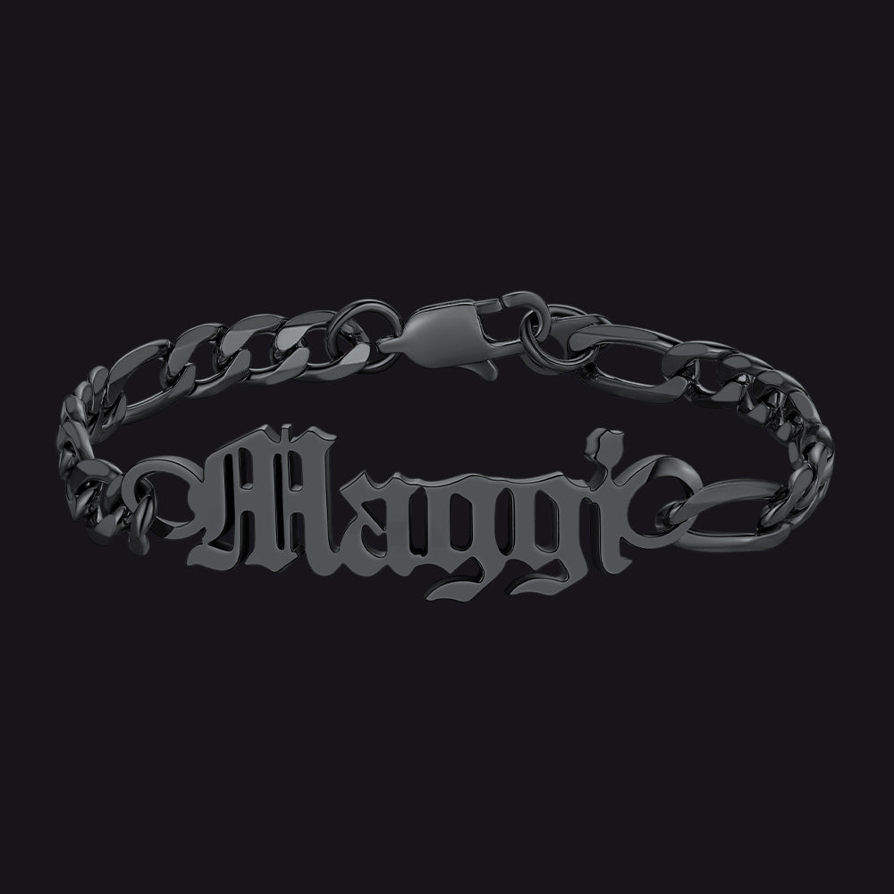 Black chain bracelet with 'Maggie' engraved