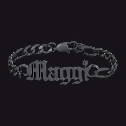 Black chain bracelet with 'Maggie' engraved