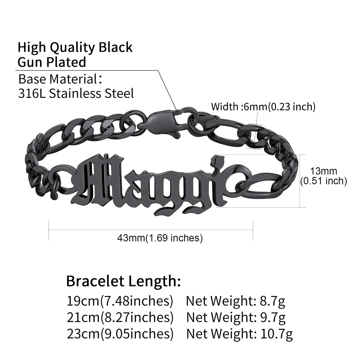 Black gun-plated bracelet with 'Maggie' engraving, showing dimensions and material details.