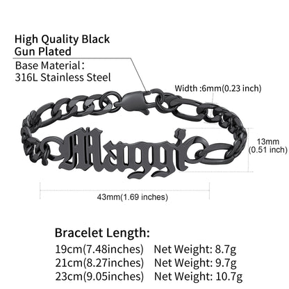 Black gun-plated bracelet with 'Maggie' engraving, showing dimensions and material details.