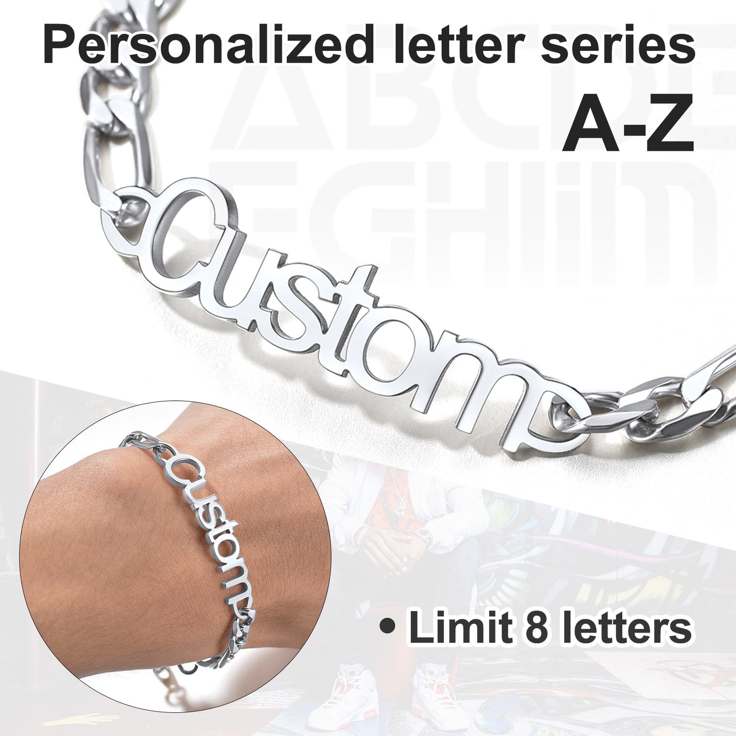 Silver bracelet with customizable letters A-Z on a white background