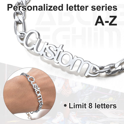 Silver bracelet with customizable letters A-Z on a white background