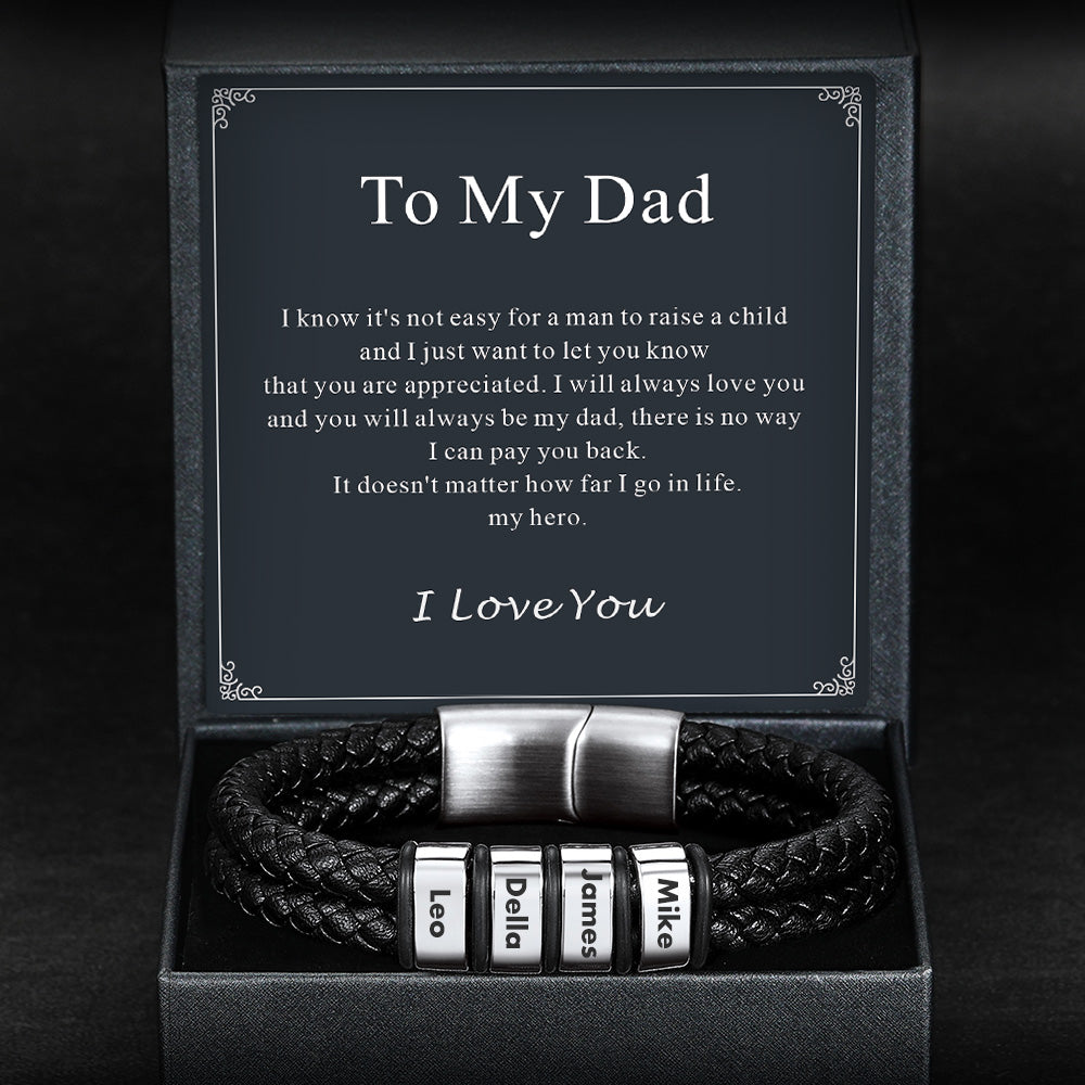 Black leather bracelet with engraved names in a box with a message for a father.