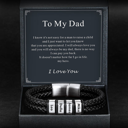 Black leather bracelet with engraved names in a box with a message for a father.