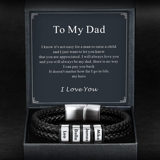 Black leather bracelet with engraved names in a box with a message for a father.img