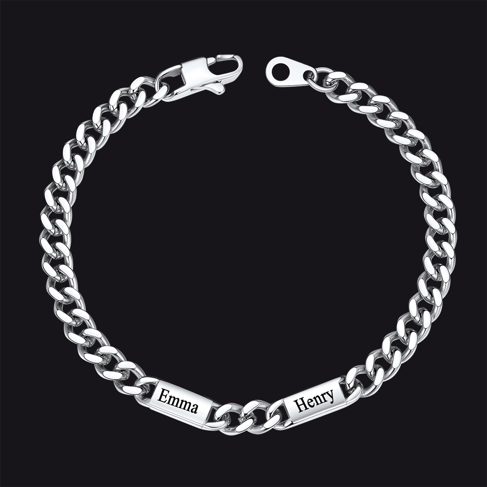 Steel / 2 Names / 5MM Customized Engraved Name Cuban Chain Bracelet for Men