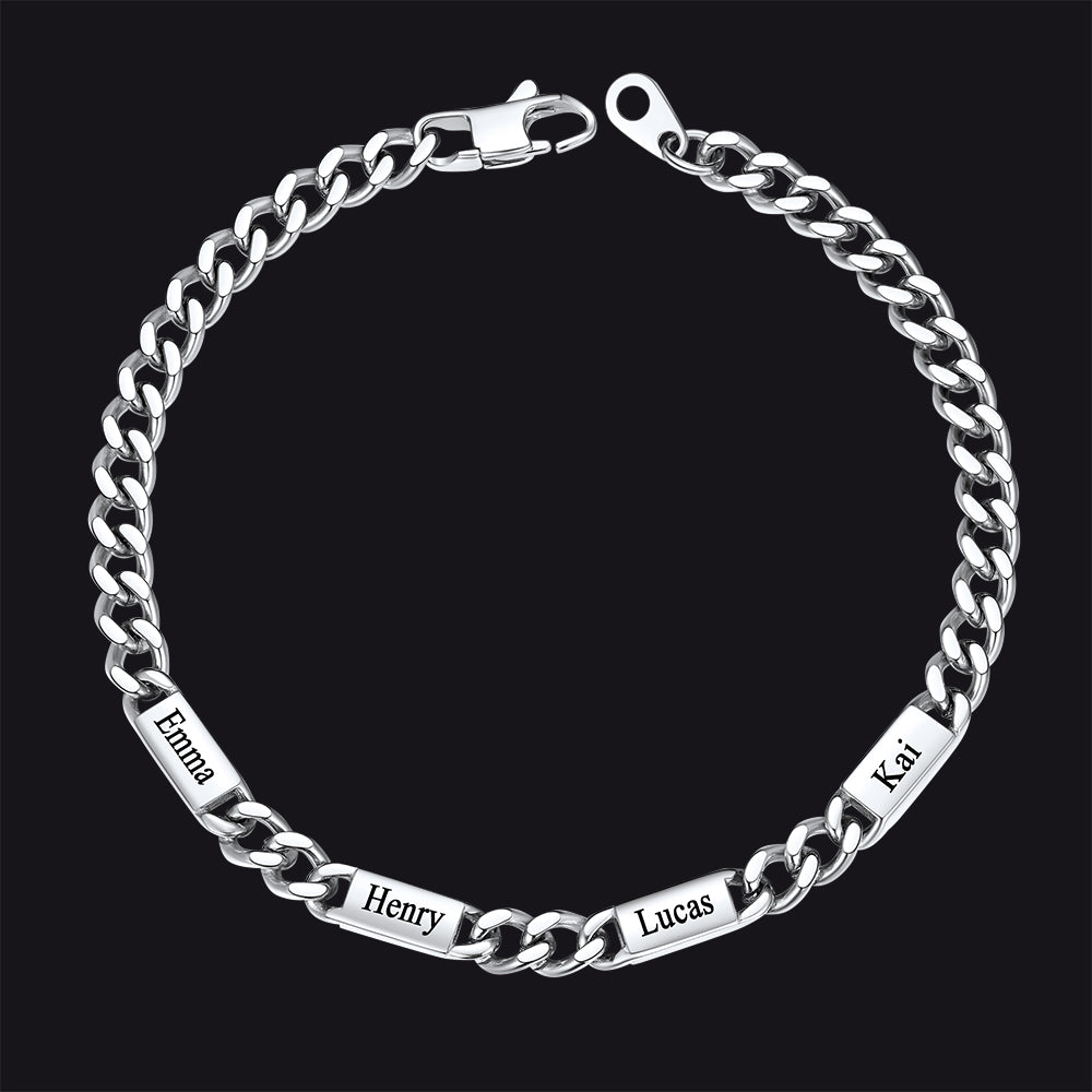 Steel / 4 Names / 5MM Customized Engraved Name Cuban Chain Bracelet for Men