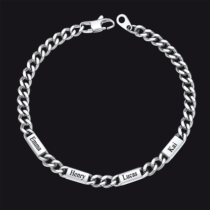 Steel / 4 Names / 5MM Customized Engraved Name Cuban Chain Bracelet for Men