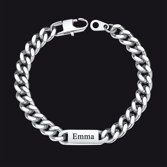 Silver chain bracelet with a nameplate on a black backgroundimg