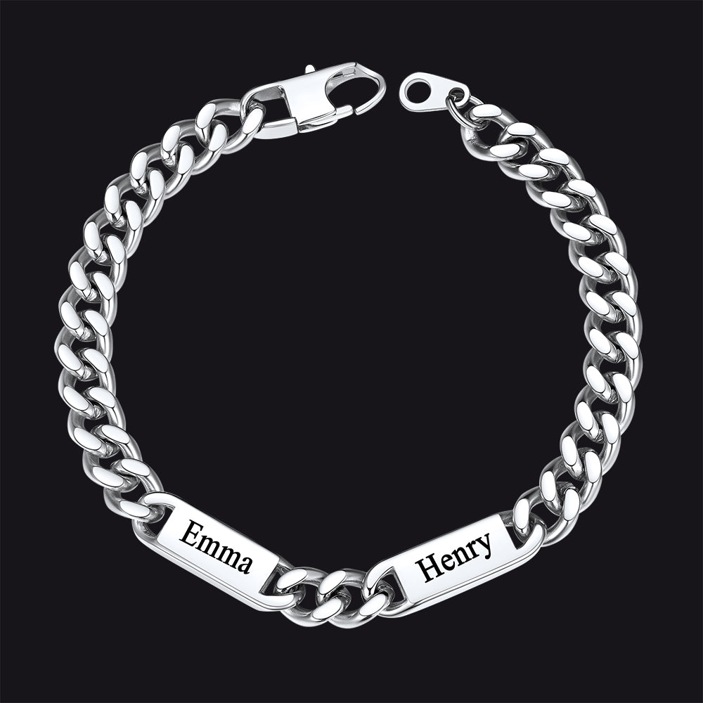 Silver chain bracelet with engraved names 'Emma' and 'Henry' on a black background