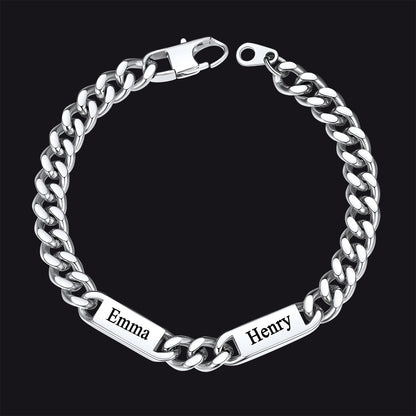 Silver chain bracelet with engraved names 'Emma' and 'Henry' on a black background