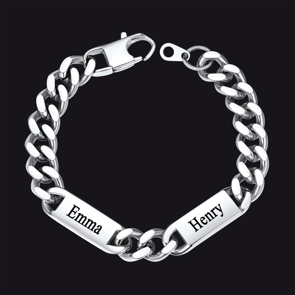 Steel / 2 Names / 9MM Customized Engraved Name Cuban Chain Bracelet for Men