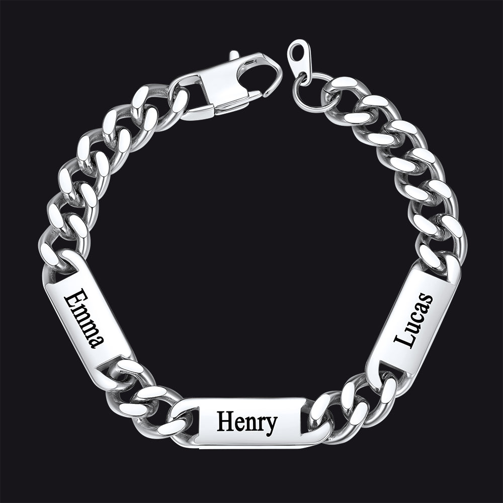 Steel / 3 Names / 9MM Customized Engraved Name Cuban Chain Bracelet for Men