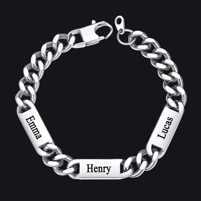 Steel / 3 Names / 9MM Customized Engraved Name Cuban Chain Bracelet for Men