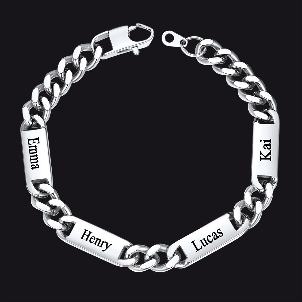 Steel / 4 Names / 9MM Customized Engraved Name Cuban Chain Bracelet for Men