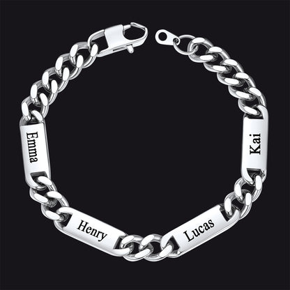 Steel / 4 Names / 9MM Customized Engraved Name Cuban Chain Bracelet for Men