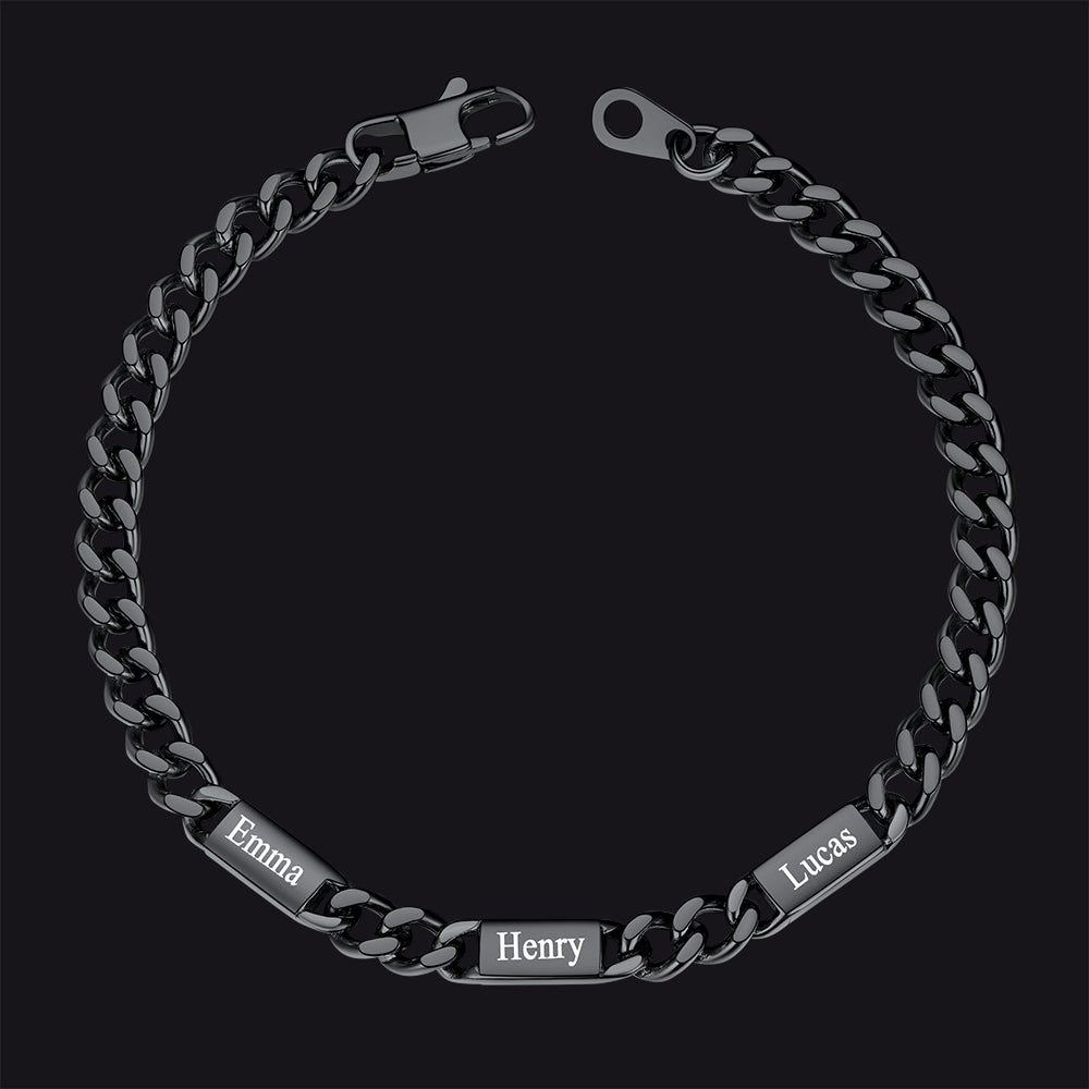 Black / 3 Names / 5MM Customized Engraved Name Cuban Chain Bracelet for Men