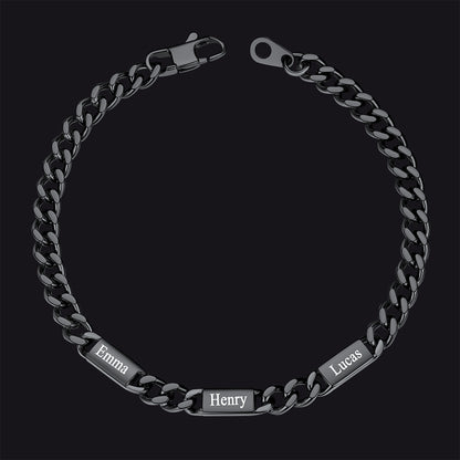 Black / 3 Names / 5MM Customized Engraved Name Cuban Chain Bracelet for Men