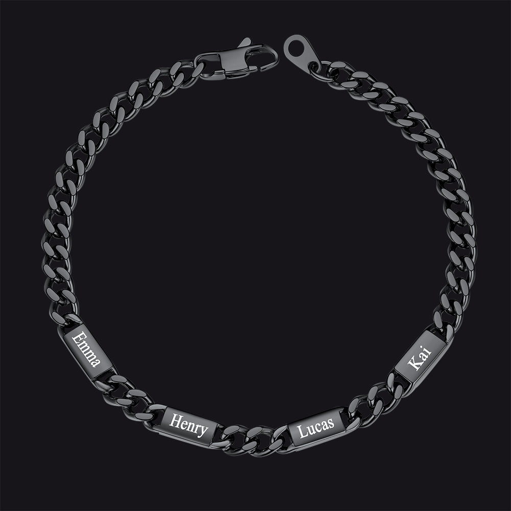 Black / 4 Names / 5MM Customized Engraved Name Cuban Chain Bracelet for Men