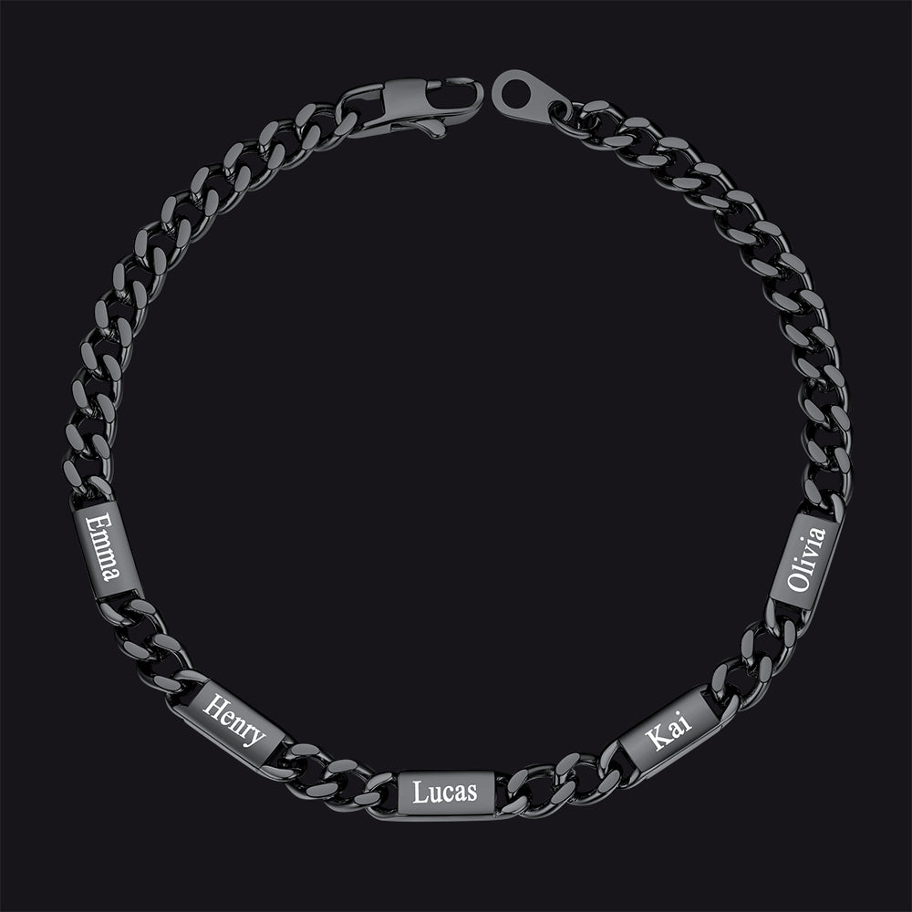 Black / 5 Names / 5MM Customized Engraved Name Cuban Chain Bracelet for Men