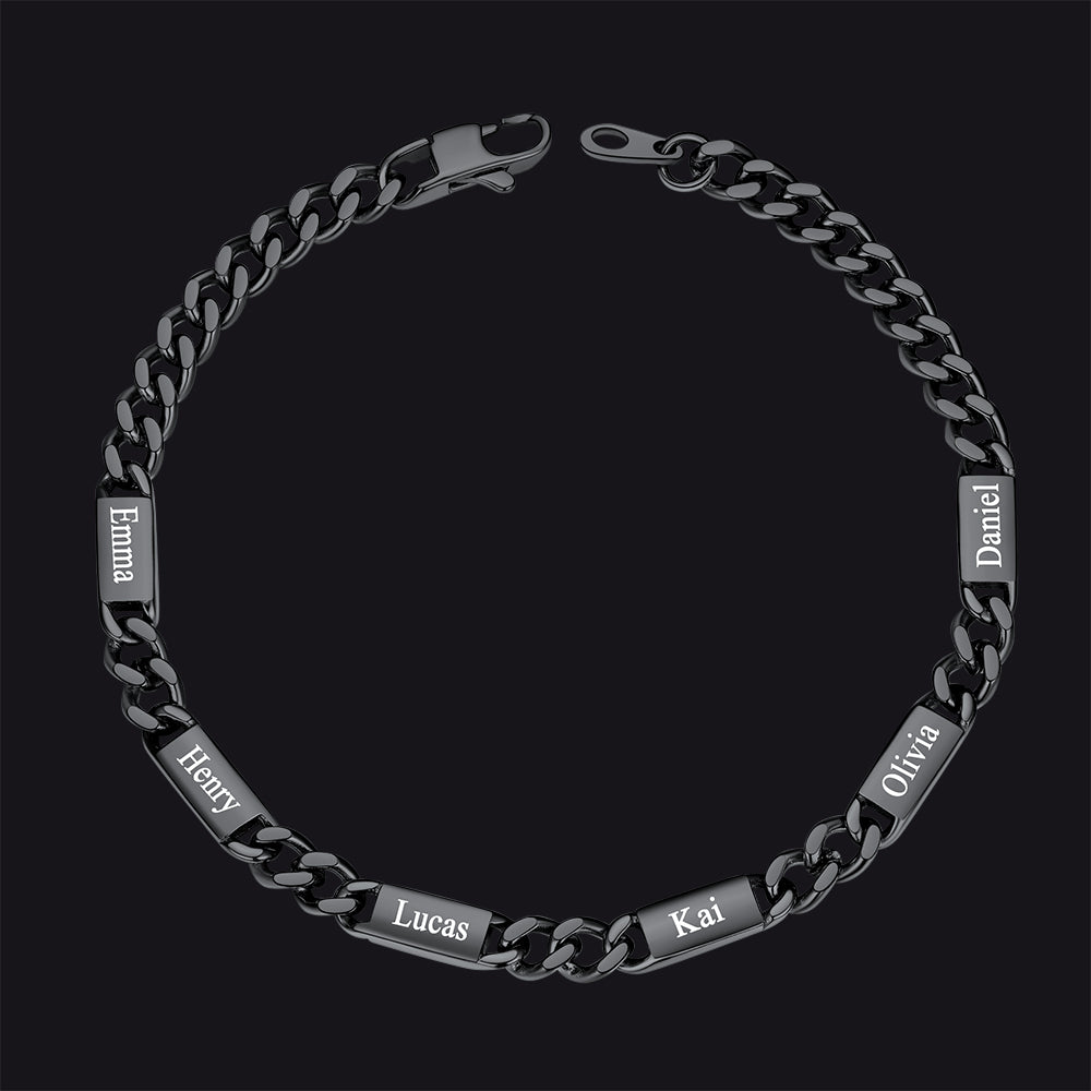 Black / 6 Names / 5MM Customized Engraved Name Cuban Chain Bracelet for Men