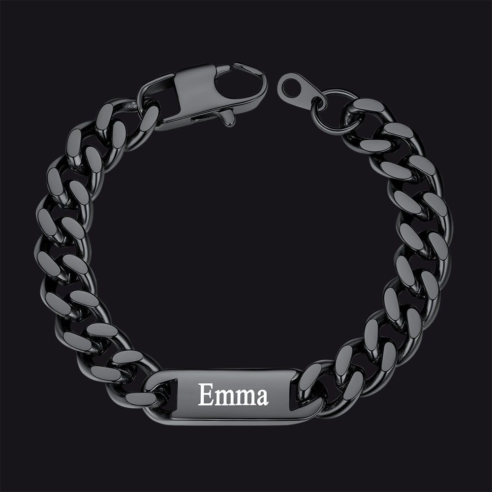 Black / 1 Name / 9MM Customized Engraved Name Cuban Chain Bracelet for Men