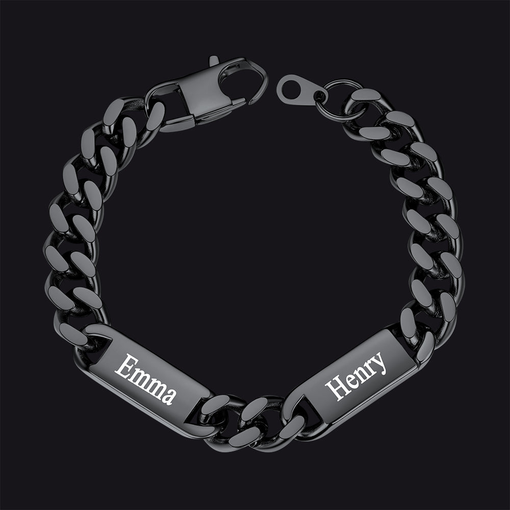 Black / 2 Names / 9MM Customized Engraved Name Cuban Chain Bracelet for Men