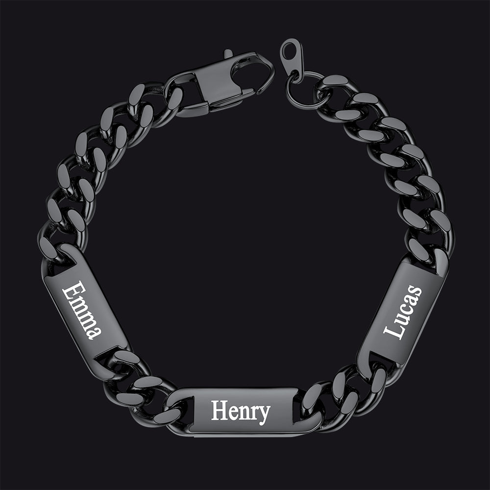Black / 3 Names / 9MM Customized Engraved Name Cuban Chain Bracelet for Men