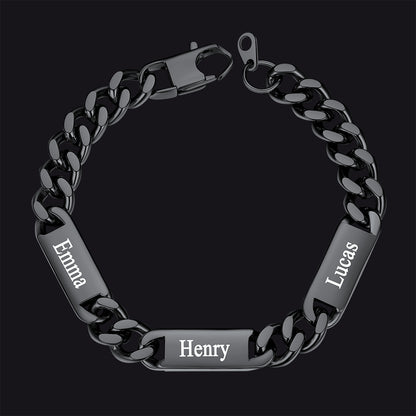 Black / 3 Names / 9MM Customized Engraved Name Cuban Chain Bracelet for Men