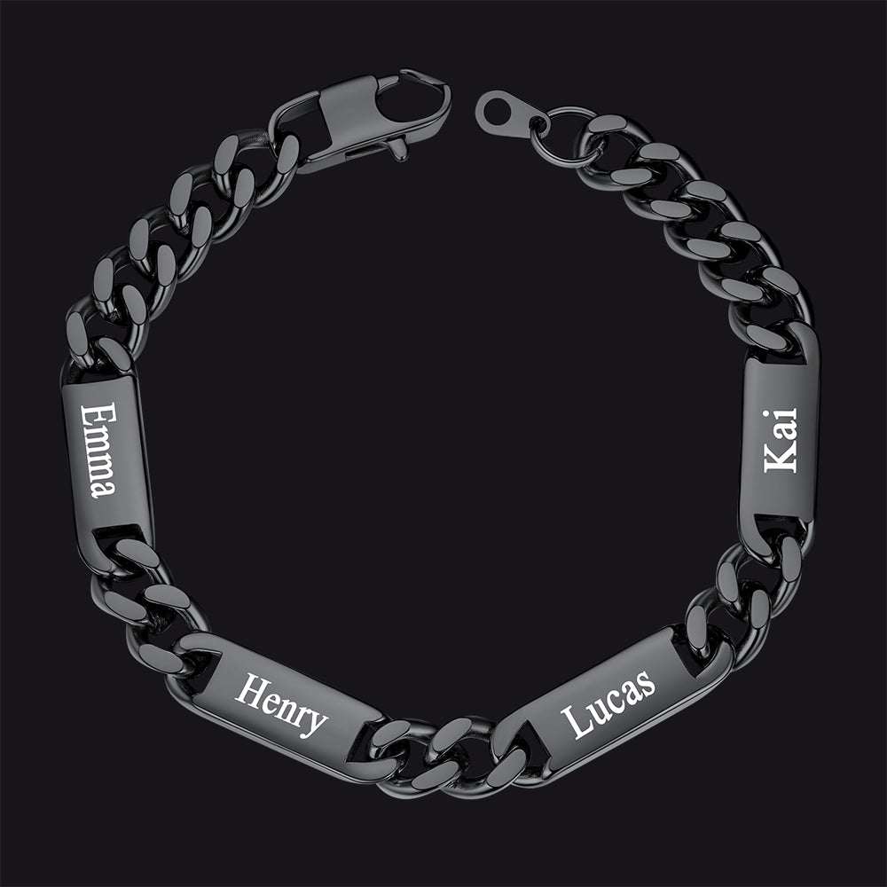 Black / 4 Names / 9MM Customized Engraved Name Cuban Chain Bracelet for Men