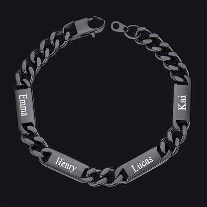 Black / 4 Names / 9MM Customized Engraved Name Cuban Chain Bracelet for Men