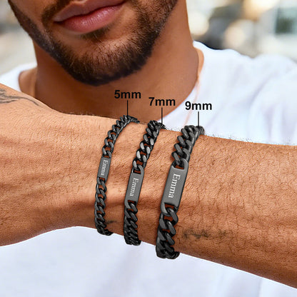 Three black name chain bracelets on a wrist with size labels and recommended fit text.