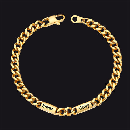 Gold / 2 Names / 5MM Customized Engraved Name Cuban Chain Bracelet for Men