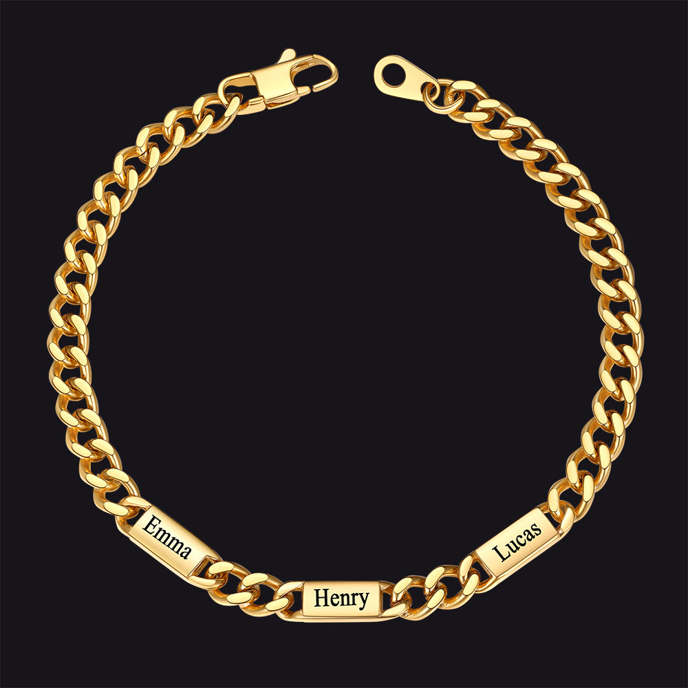 Gold / 3 Names / 5MM Customized Engraved Name Cuban Chain Bracelet for Men