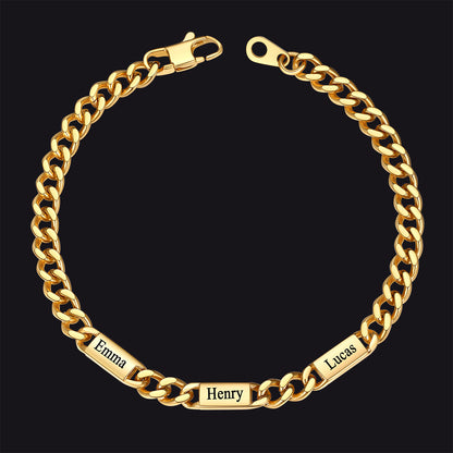 Gold / 3 Names / 5MM Customized Engraved Name Cuban Chain Bracelet for Men