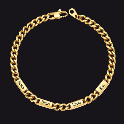 Gold / 4 Names / 5MM Customized Engraved Name Cuban Chain Bracelet for Men