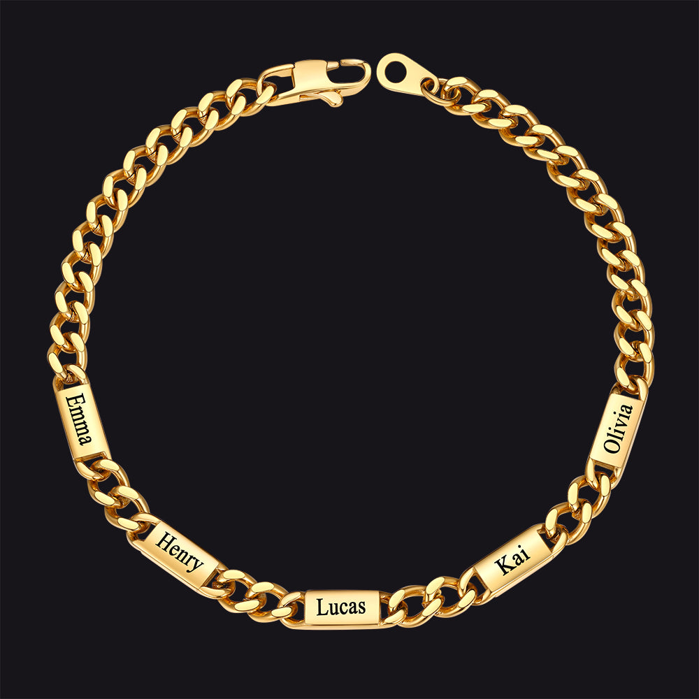 Gold / 5 Names / 5MM Customized Engraved Name Cuban Chain Bracelet for Men