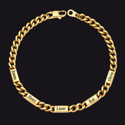 Gold / 5 Names / 5MM Customized Engraved Name Cuban Chain Bracelet for Men