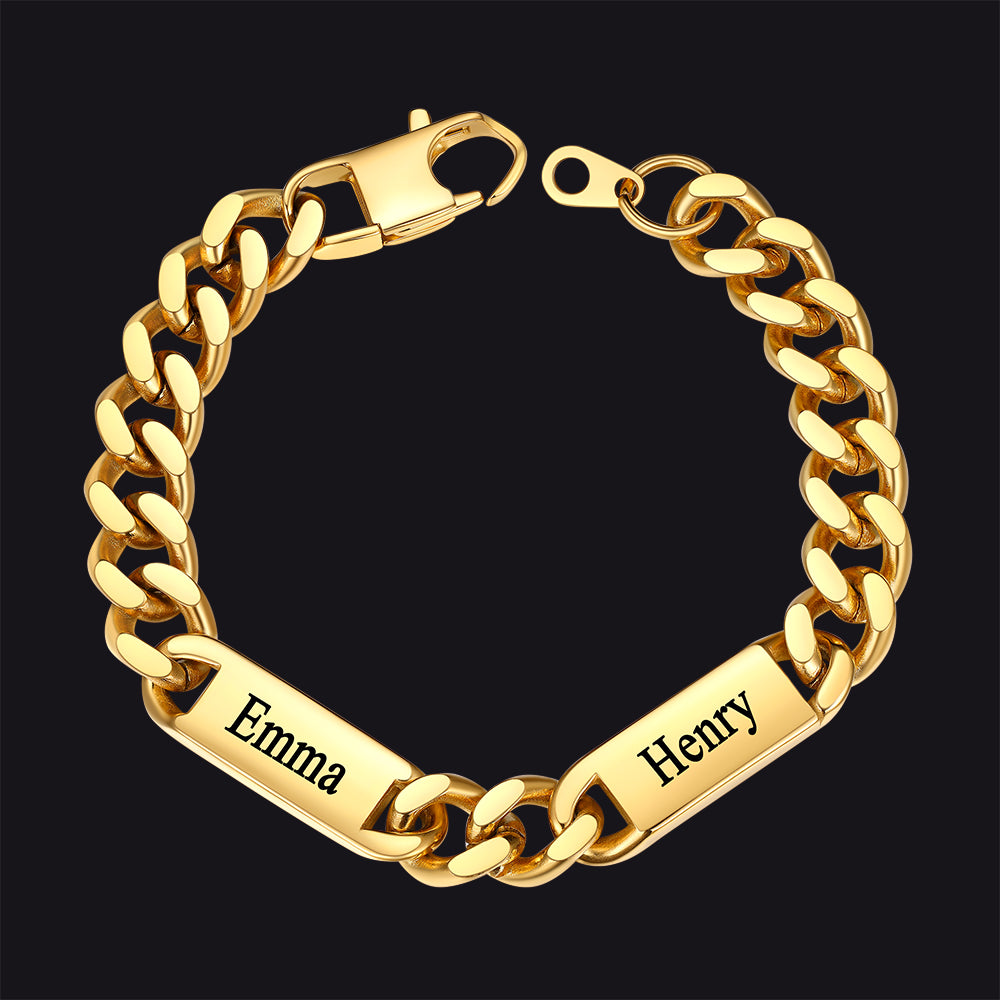 Gold / 2 Names / 9MM Customized Engraved Name Cuban Chain Bracelet for Men